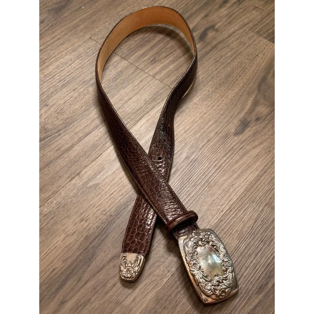 Brighton Vintage 90s Western Croc Leather Belt Brown Silver Floral Buckle 24009